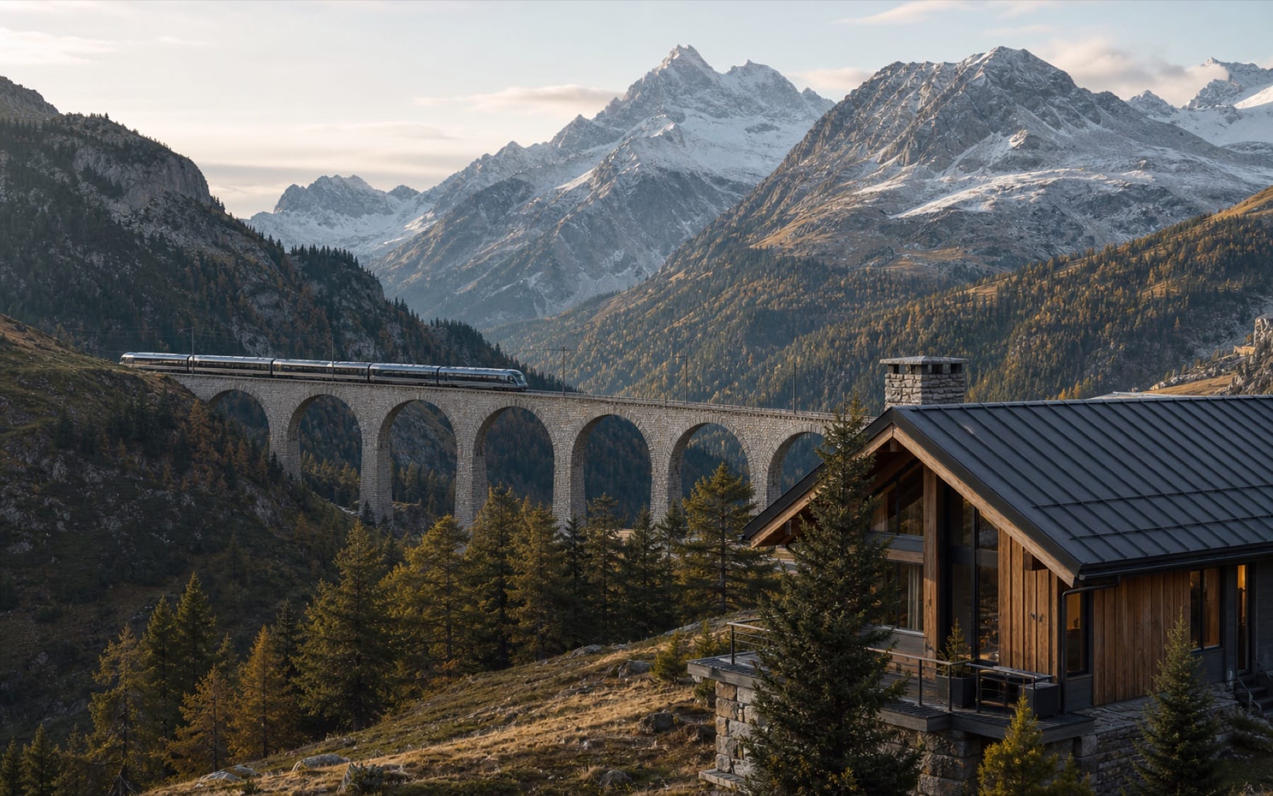 An Alpine rail journey crossing a mountain viaduct