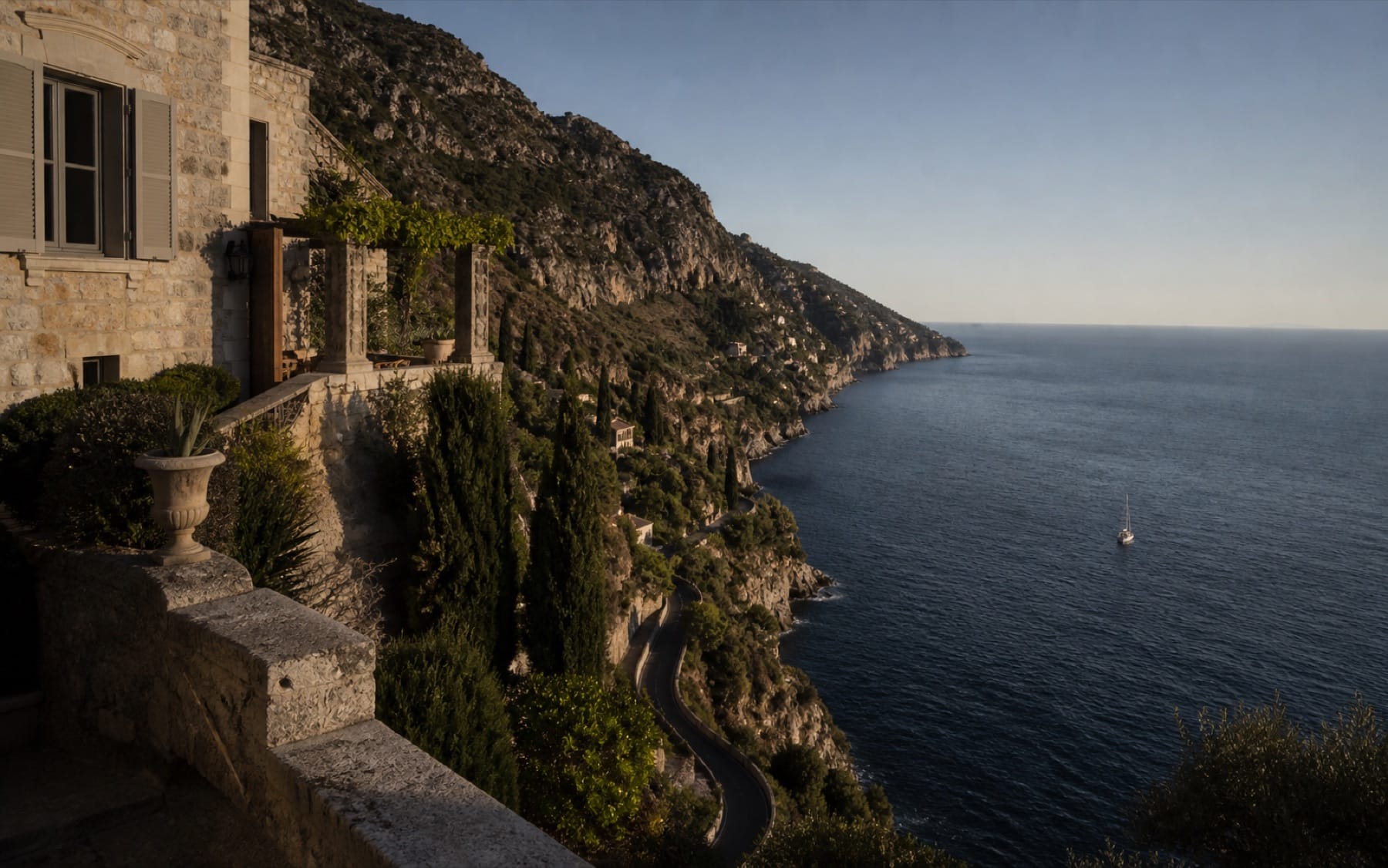 Limestone terrace overlooking a calm Mediterranean coastline
