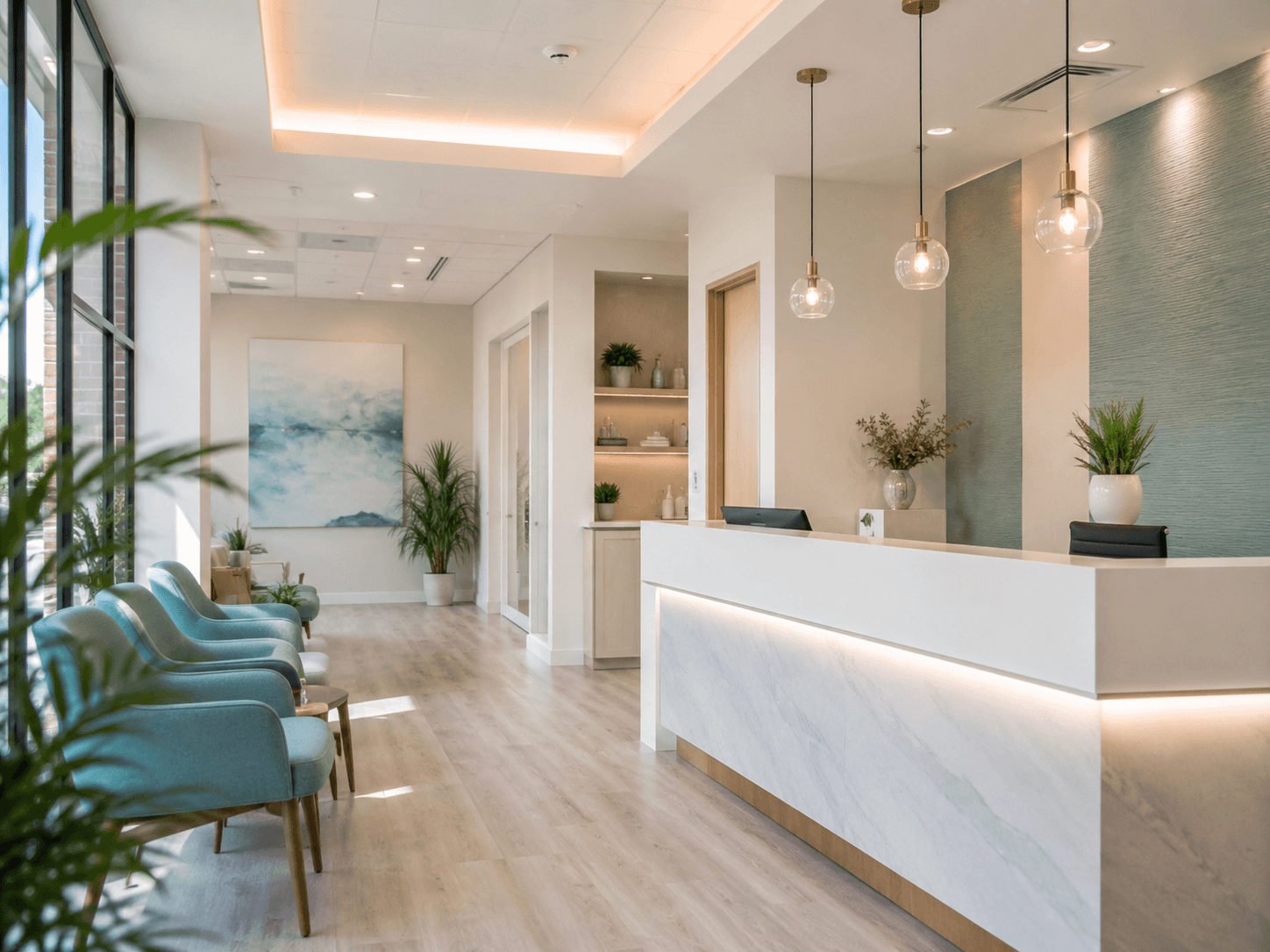 Light-filled clinic reception and waiting area
