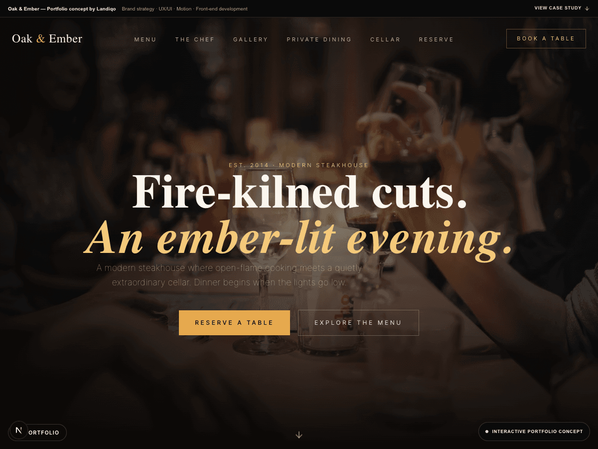 Oak & Ember modern steakhouse landing-page hero