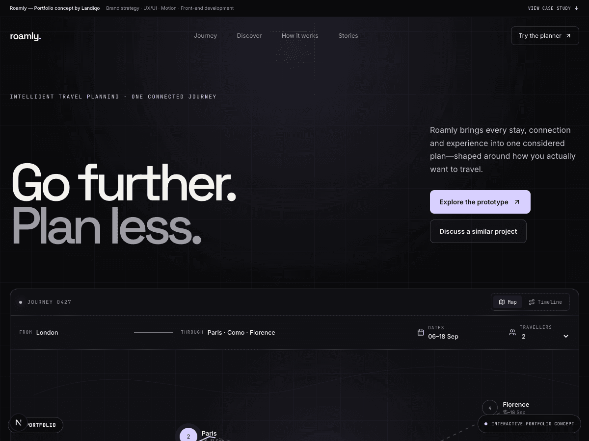 Roamly Travel intelligent journey-planning landing-page hero