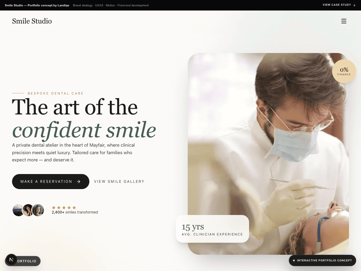 Smile Studio luxury dental care landing-page hero